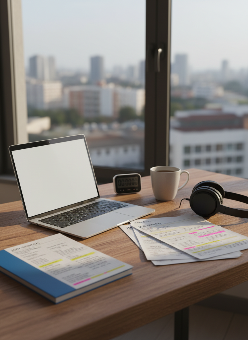A sturdy, well-worn wooden desk viewed from a slightly elevated angle, its surface covered with an open laptop showing a blank document, a spiral notebook filled with color-coded handwritten plans, and a few neatly stacked job search printouts with highlighted lines. A simple ceramic mug of tea rests beside a small digital timer and a pair of noise-cancelling headphones. The scene is set near a large apartment window overlooking a softly blurred urban skyline, suggesting possibilities beyond. Late-morning natural light streams in, creating gentle shadows and subtle reflections on the laptop keys. The mood is focused, calm, and determined, captured in photographic realism with a clean, modern aesthetic, shallow depth of field, and a quiet sense of personal resilience and self-directed career planning.