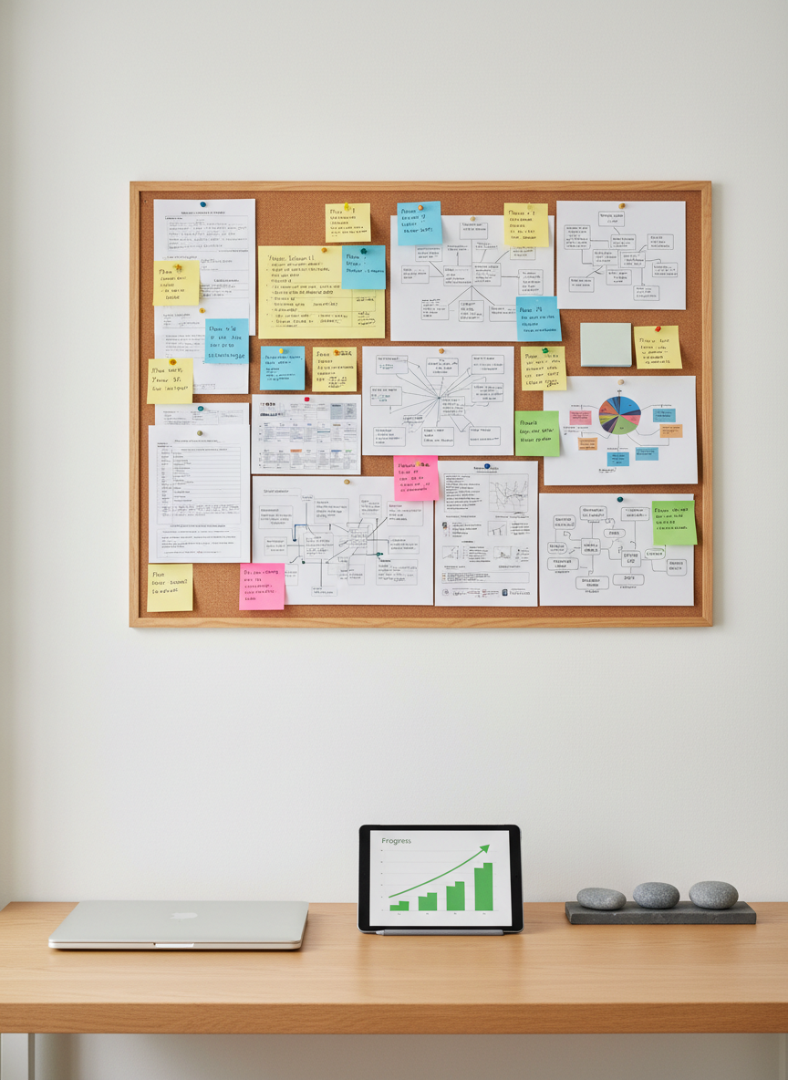 A minimalist home workspace featuring a single large corkboard mounted on a matte white wall, completely filled with neatly pinned index cards, color-coded sticky notes, and printed charts representing a structured career plan and job search strategy. Below, a light oak desk holds a closed laptop, a slim tablet displaying a simple progress graph, and a small tray with three smooth river stones arranged from largest to smallest, symbolizing resilience and growth. Diffused, overcast daylight enters from an unseen window, casting soft, even light and barely-there shadows. Shot at eye level with sharp focus throughout, the composition uses the rule of thirds to balance the busy board against the calm desk surface. The photographic style is clean, professional, and reassuring, evoking clarity, organization, and steady self-reliance.