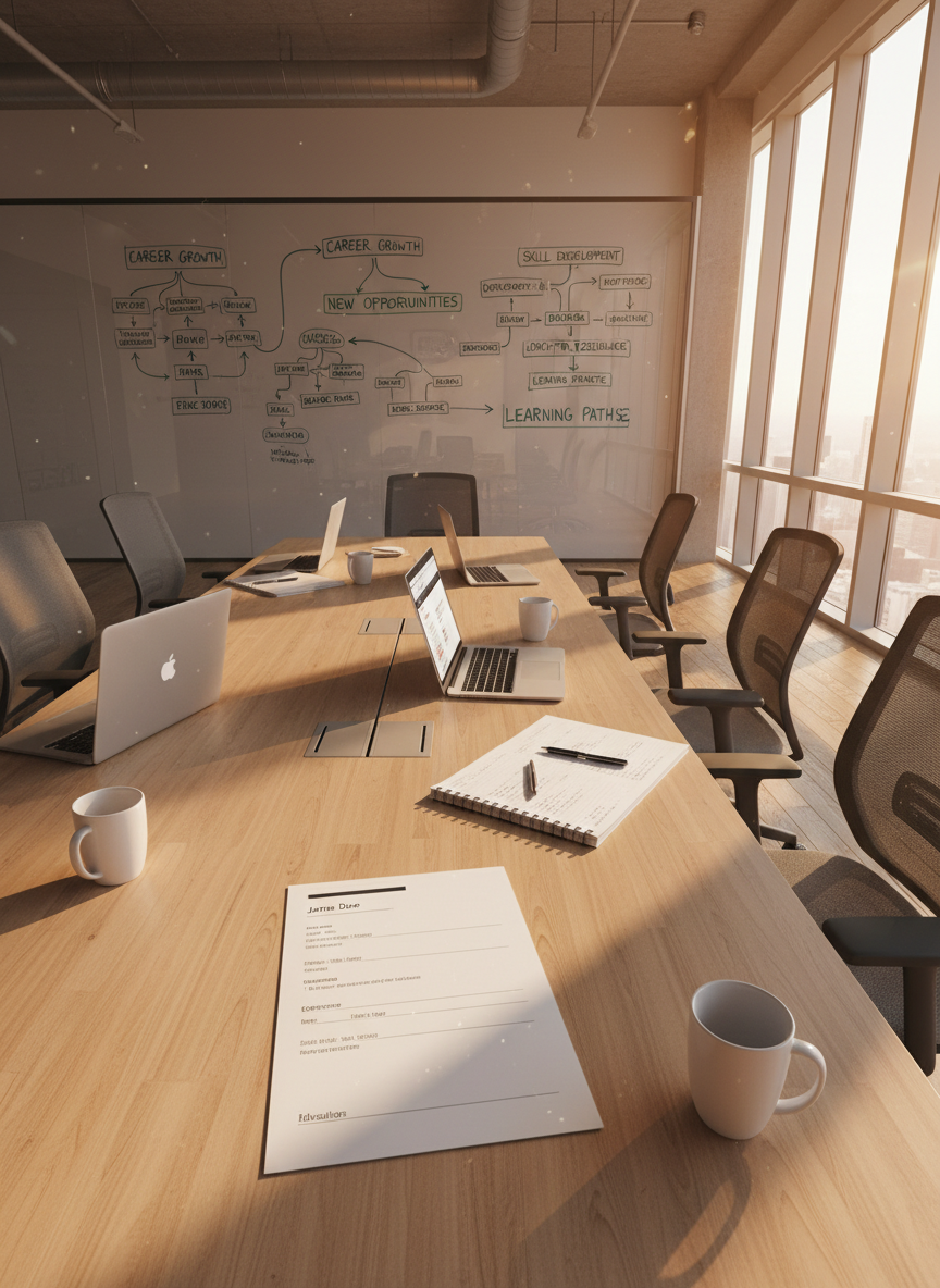 A modern co-working space corner, but without any people, showing a long light-wood communal table with several open laptops, notebooks, and a single printed resume template carefully centered in the foreground. Around it, ergonomic chairs are slightly pulled back, as if recently used. On the far wall, a large glass whiteboard is covered with neatly drawn flowcharts and mind maps about skills, opportunities, and career paths. Late afternoon golden-hour sunlight pours through tall windows, creating elongated shadows and warm highlights on the tabletop and glass. Captured in photographic realism from a low, angled perspective that leads the eye along the table’s length, the mood feels collaborative yet self-driven, emphasizing shared resources, learning, and the quiet strength of professionals steadily building long-term career resilience.