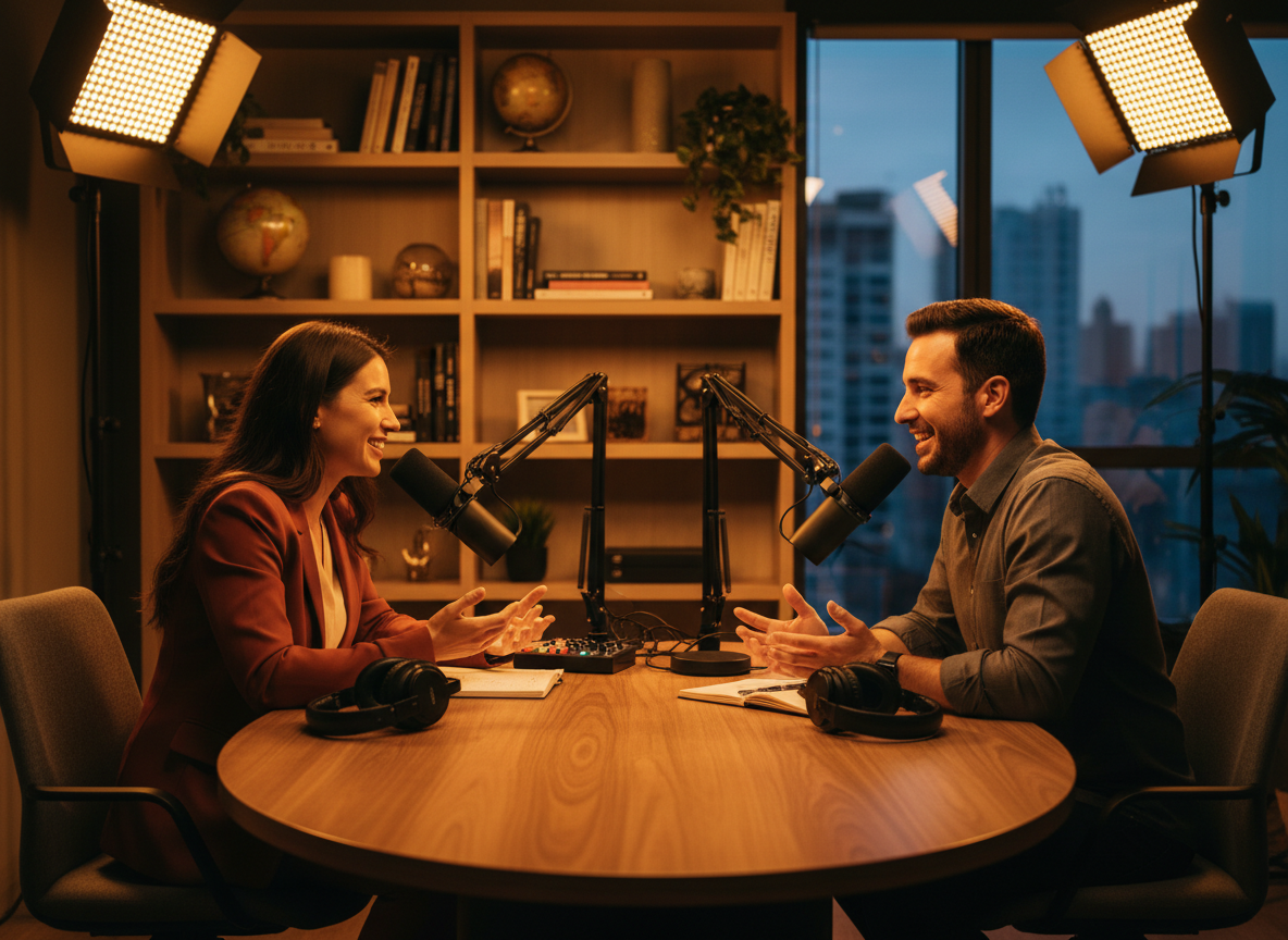 A warm, professional podcast studio setting with two people engaged in an authentic career conversation. Microphones on a desk, soft studio lighting, bookshelves or an office backdrop in the background. The mood is inviting, modern, and energetic — conveying real-world career stories being shared. Cinematic, editorial style with rich warm tones.